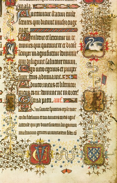 Ms Lat 919 fol.96 Detalle de escudos de armas y decoración animal, de San Pedro guiando a Jean de Francia (1340-1416) Duque de Berry al Paraíso, de las Grandes Horas del Duque de Berry de French School
