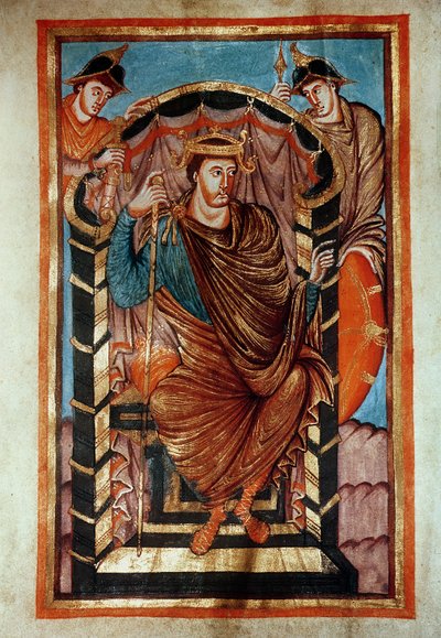 Ms Latin 266 fol.1v Lotario I (795-855) entronizado, de los Evangelios de Lotario, c.840-851 de French School