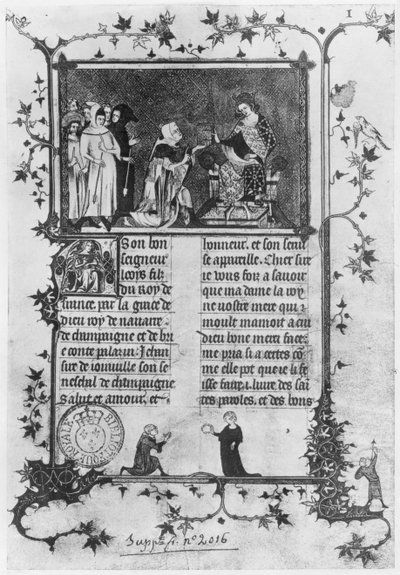 Ms fr 13568 fol.1 Jean de Joinville ofreciendo su libro sobre San Luis (1215-70) a Luis X (1289-1316) el Obstinado de French School