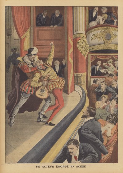 Asesinato de un actor en escena (litografía en color) de French School