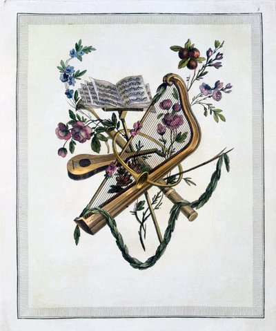 Instrumentos musicales, de un libro de láminas grabadas de los diseños de Oppenord, publicado en 1745 de French School