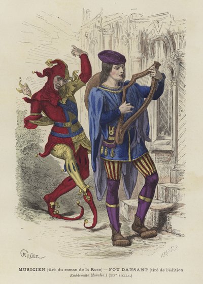 Músico y bufón danzante, siglo XIV de French School