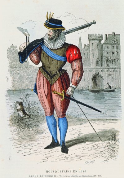 Mosquetero en 1586, ilustración de Costumes de Paris a travers les siecles por H. Gourdon de Genouillac, grabado por A. Renard de French School