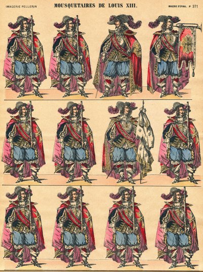 Mosqueteros de Luis XIII, placa descriptiva. Imagen de Epinal de French School