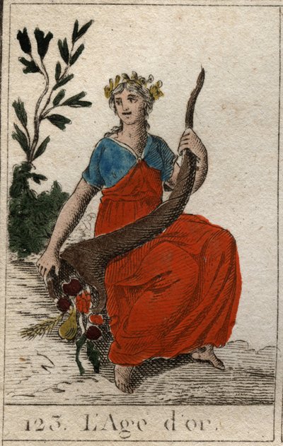Mito de las Edades de la Humanidad: representación de la Edad de Oro, como una joven virgen de perfecta belleza, coronada con flores y sosteniendo un cuerno de la abundancia. De “Mitología de la Juventud” de French School