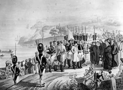 Napoleón (1769-1821) llegando a la Isla de Elba, 1814 de French School