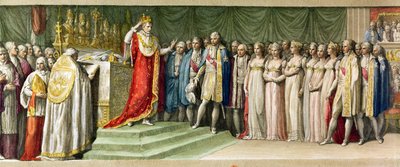 Napoleón Bonaparte (1769-1821) coronándose con la Corona de Hierro de los Lombardos en Milán, 1805 (grabado en color) de French School
