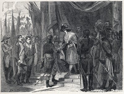 Napoleón Bonaparte (1769-1821) entregó el tratado de Campoformio al miembro del Directorio el 10 de diciembre de 1797. Este tratado entre Francia y Austria marca el fin de la Primera Coalición de French School