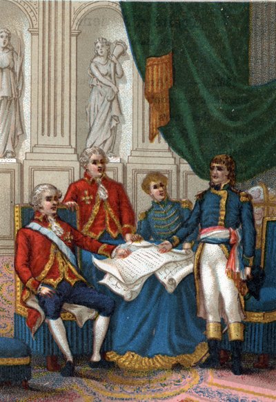 Napoleón Bonaparte en Amiens el 25 de marzo de 1802, Inglaterra y Francia firmaron un tratado de paz que puso fin a la segunda coalición europea contra Francia. (La Paz de Amiens, 25 de marzo de 1802) de French School