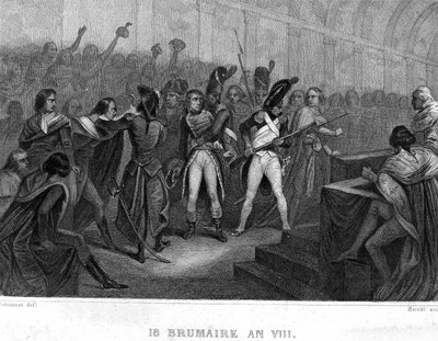 Golpe de estado de Napoleón Bonaparte el 18 de Brumario año VIII (1799) en la Sala del Consejo de los Quinientos de Saint Cloud - en "Revolución francesa" por Thiers. Siglo XIX de French School