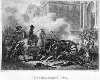Napoleón aplastando la rebelión realista - Napoleón Bonaparte (a caballo) comandando tropas revolucionarias en combates callejeros el 13 Vendémiaire (5 de octubre) - 13 Vendémiaire 1795 (insurrección realista del 5 de octubre de 1795): Bonaparte restableci de French School