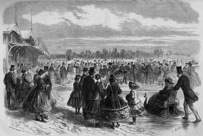 Napoleón III (1808-1873) y la emperatriz Eugenia de Montijo (1826-1920) en el club de patinadores del Bois de Boulogne en París. Grabado en "Le Monde Illustré" n°511 del 26 de enero de 1867. de French School