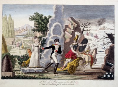 Napoleón I entre la guerra y la paz, circa 1815 - La oliva de la paz en vano le fue ofrecida, sigue la ambición que lo llevó a su pérdida - en “Napoleón 1er”, una colección ficticia de caricaturas de French School