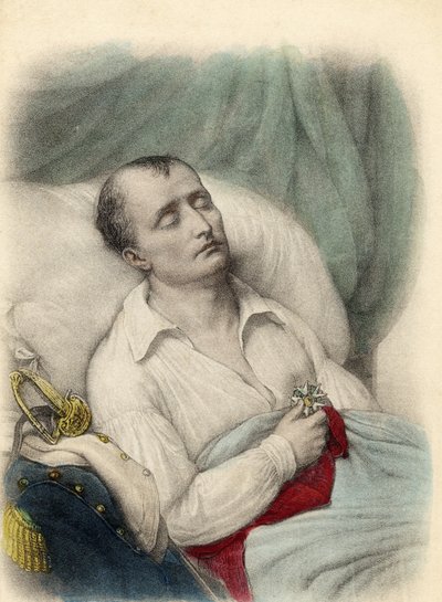 Napoleón I en su lecho de muerte sosteniendo la Cruz de la Legión de Honor en su corazón, Santa Elena, 1821 de French School