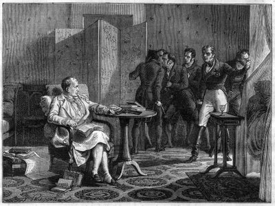 Napoleón I en Santa Elena en octubre de 1818 resuelto a oponerse con armas en mano contra el intento del general británico Hudson Lowe de forzar la puerta - en 