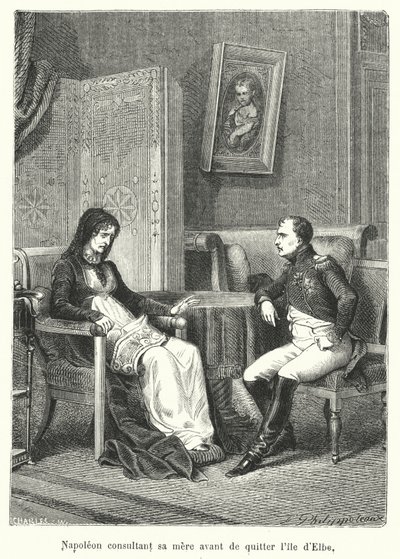 Napoleón consultando a su madre antes de dejar la isla de Elba de French School