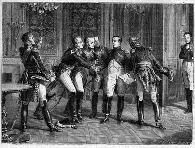 Napoleón informa a sus mariscales sobre su decisión de abdicar, 6 de abril de 1814 - Napoleón I anuncia su abdicación a los mariscales el 6 de abril de 1814 - en "Historia del imperio haciendo suite a la historia del consulado" por Adolphe Thiers - 1879 -  de French School