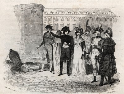 Napoleón caminando con Madame Tallien, nacida Theresa Cabarrus, Princesa de Caraman, Princesa de Caraman Chimay (1773-1835) en la plaza Vendôme en París - grabado en 
