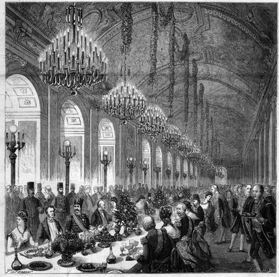 Nasir Al-Din (1831-1896) Shah de Persia en Versalles. Banquete en la galería de hielo. a su izquierda Albert, Duque de Broglie (1821-1901) de French School