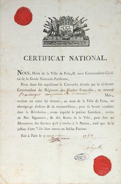 Certificado Nacional de Buen Comportamiento durante la Revolución Francesa, 8 de agosto de 1789 en París de French School