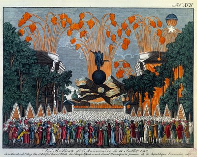 Fiesta nacional del 14 de julio de 1801 en los Campos Elíseos, París: Fuegos artificiales tiene lugar de la estrella en los Campos Elíseos en París. Impresión de 1801 París, Musee Carnavalet de French School