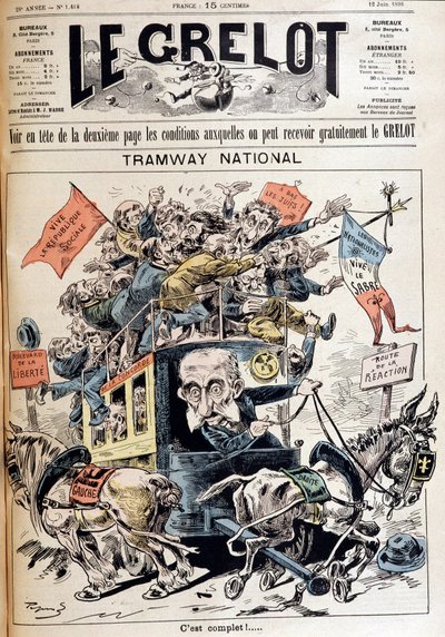Tranvía nacional: Francia descartada entre las ideas de izquierda y derecha, caricatura sobre el gobierno de Méline - en “Le Grelot” del 12/06/1898 de French School