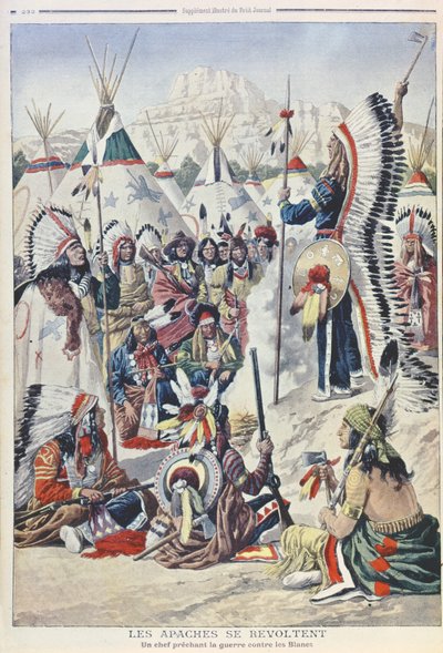 Jefe nativo americano instando a la revuelta contra los blancos, ilustración de Le Petit Journal de French School