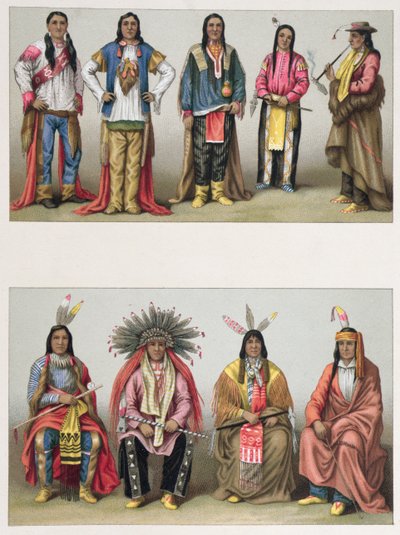 Nativos americanos de la cuenca del Mississippi y de Colorado, ilustración de Le Costume Historique de A. Racinet, publicado en París 1888 de French School