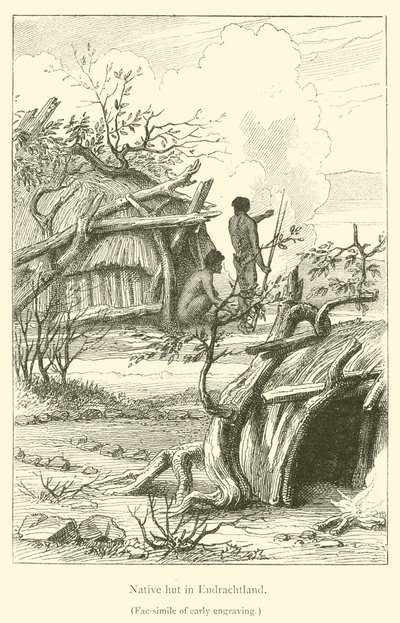 Cabaña nativa en Endrachtland (grabado) de French School