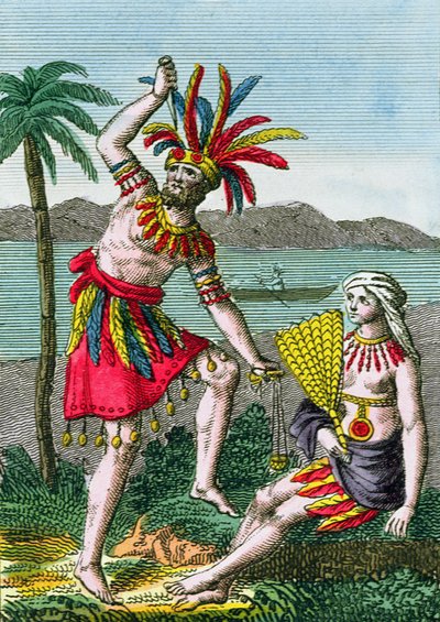 Habitantes nativos de las Islas Marquesas, ilustración de Histoire des Voyages Autour du Monde por J. Dufay, publicada por Courvalet & Co., París, 1826 (grabado en color) de French School