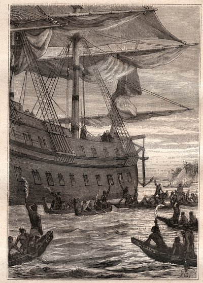 Pueblos nativos sosteniendo ramas de plátano en la mano: viaje de Samuel Wallis (1728-1795) a Polinesia - ilustración tomada de "Los grandes marineros del siglo XVIII" de French School