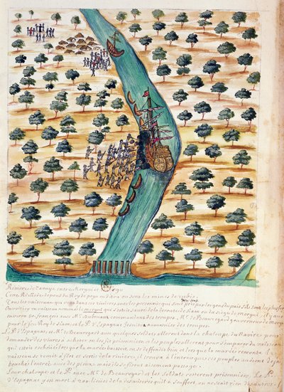 Nativos atacando barcos franceses en el río Tavoy, de una cuenta de los jesuitas en Siam, 1688 de French School