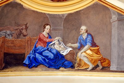 Escena de la Natividad. La Sagrada Familia. Iglesia de St. Nicolas de Veroce. Pintura Francia. de French School