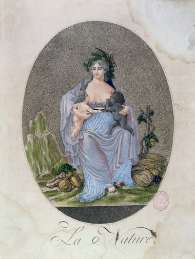 Naturaleza amamantando a un bebé negro y a un bebé blanco, c.1792 de French School