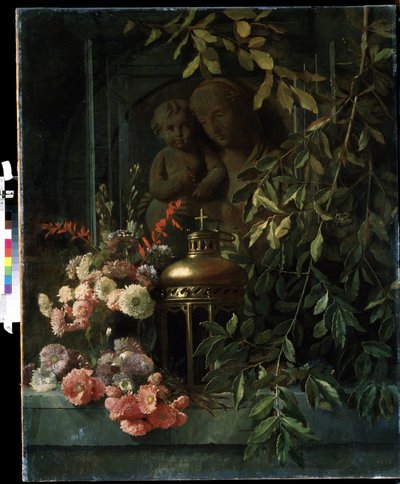 ""Naturaleza muerta"" (Madonna con niño, linterna, flores (incluyendo clavel) Pintura de la escuela francesa del siglo XIX. Museo de Arte Mikhail Kroshitsky, Sebastopol (Sebastopol) Ucrania de French School