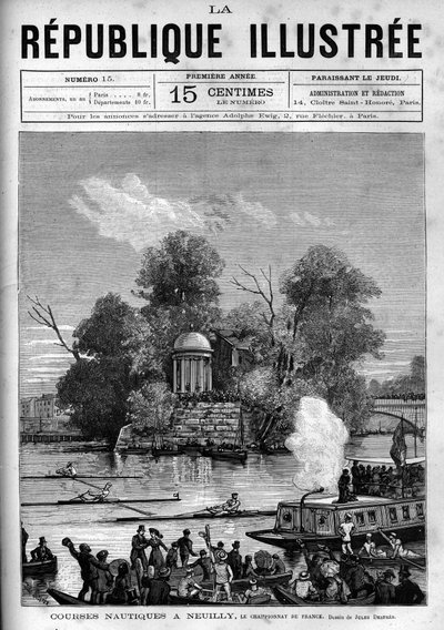 Carreras náuticas: campeonato francés de remo organizado en el Sena frente a la Isla de la Grande Jatte en Neuilly. Un periódico. Grabado de 1880 en “La republique illustree” colección privada. de French School