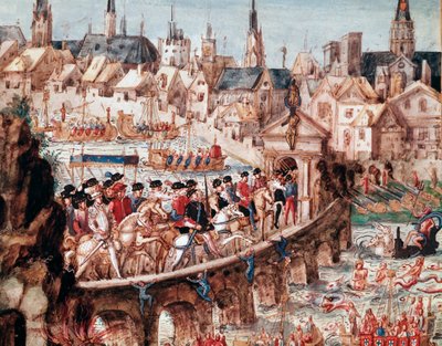 Espectáculos náuticos organizados por la ciudad de Rouen con motivo de la entrada real del Rey Enrique II (1519-1559) y Catalina de Médicis (1519-1589) el 1/10/1550. Jinetes cruzando el Sena en el puente Saint Ouen de French School