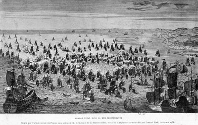 Batalla naval en el Mar Mediterráneo, ganada por el ejército naval de Francia bajo las órdenes del Marqués de La Galissonnière, sobre el de Inglaterra comandado por el Almirante Bink, 20 de mayo de French School