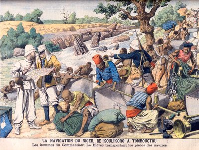 Navegando por el río Níger entre Koulikoro y Tombuctú. Una expedición comandada por el comandante Le Blevec transportando barcos en secciones alrededor de rápidos. La navegación del Níger, de Koulikoro a Tombuctú. Los hombres del comandante Le Blevec trans de French School