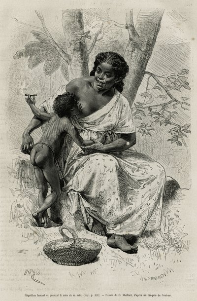 Negillon fumando y tomando el pecho de su madre, en la región de Darién (este de Panamá), ilustración de la historia Exploración en los istmos de Panamá y Darién, por A. Reclus, teniente de barco, de 1876 a 1878 de French School
