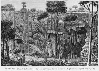 Nueva Caledonia, Isla de los Pinos, Hipogeo de Toupo, después de un dibujo a pluma y tinta de un deportado, ilustración del boletín Les Missions Catholiques, 1893 de French School