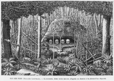 Nueva Caledonia, Isla de los Pinos, un refugio en las rocas, después de un dibujo a pluma y tinta de un deportado, ilustración del boletín Les Missions Catholiques, 1893 de French School