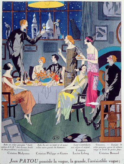 Nochevieja, lámina de moda de Art, Gout, Beaute, publicada en París, diciembre de 1923 (grabado pochoir) de French School