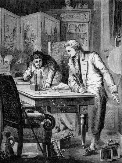 Nicholson y Carlisle, en Londres, descomponiendo agua por la pila de Volta (pila de Alessandro (Alexandre) Volta), 2 de mayo de French School