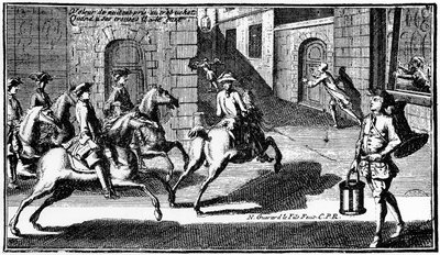 Ladrón nocturno perseguido por el vigilante - grabado de French School