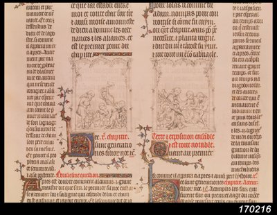 Noé en el viñedo y la embriaguez de Noé, de La Biblia de Jean Sy, c.1355 de French School