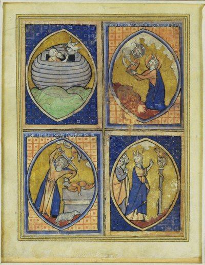 Noé recibiendo la Paloma Blanca, Moisés recibiendo las Tablas de la Ley, el sacrificio de Abraham, Moisés y la Serpiente de Bronce, finales del siglo XIII de French School
