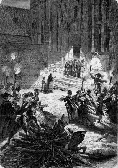 Navidad en Francia bajo Luis XIII: el señor se encuentra frente a la puerta de su castillo mientras un sacerdote consagra el tronco que debe traer bendición a la morada. En el patio, los campesinos preparan un carnicero. Siglo XVII. Grabado en 