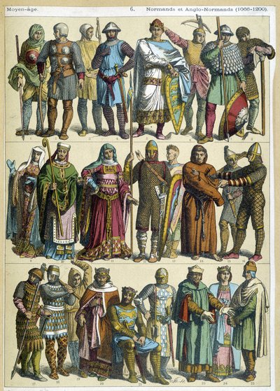 Trajes civiles, religiosos y guerreros normandos y anglo-normandos (1066-1200) - grabado de French School