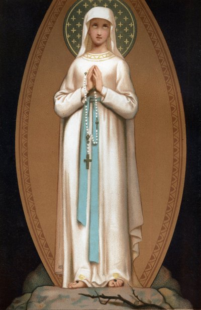 Notre Dame de Lourdes: representación de la Virgen María como habría aparecido a Bernadette Soubirous en la cueva de Lourdes en 1858. Cromolitografía. Frontispicio de “Notre Dame de Lourdes” por Henri Lasserre de French School